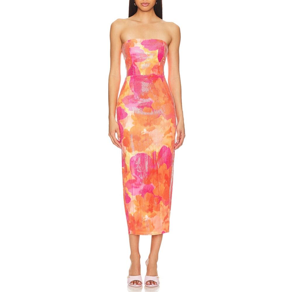 Runaway The Label Oralie Sequin Midi Dress in Orange Floral NWT Size XS